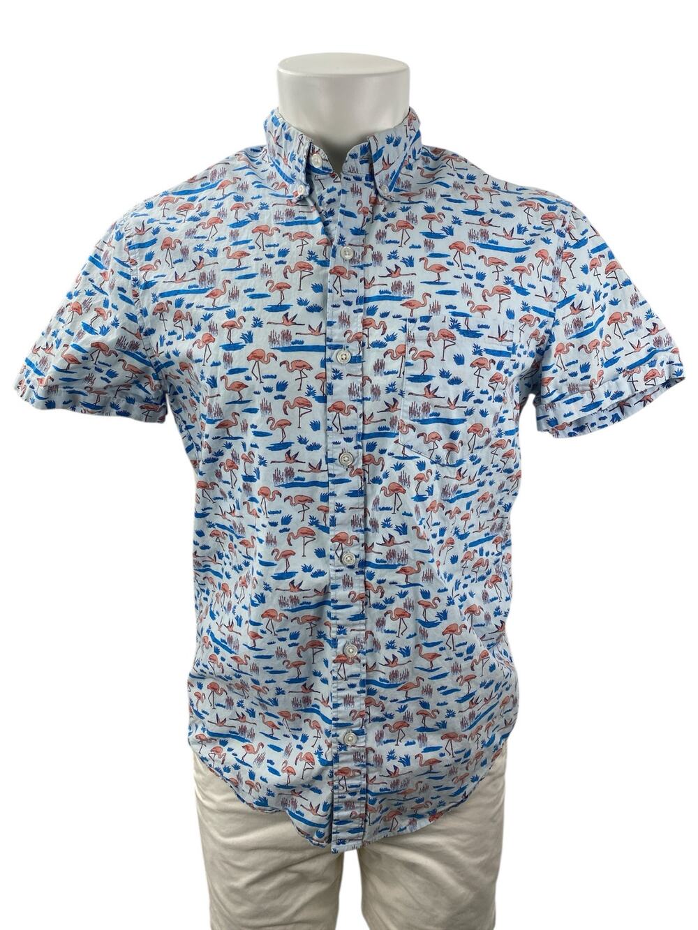 J.Crew Mens Blue Flamingo Print Short Sleeve Pocket Button Down Shirt Top Size M